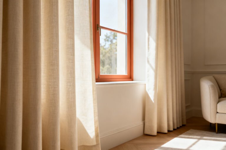 Elegant living room window with tailored floor-length curtains