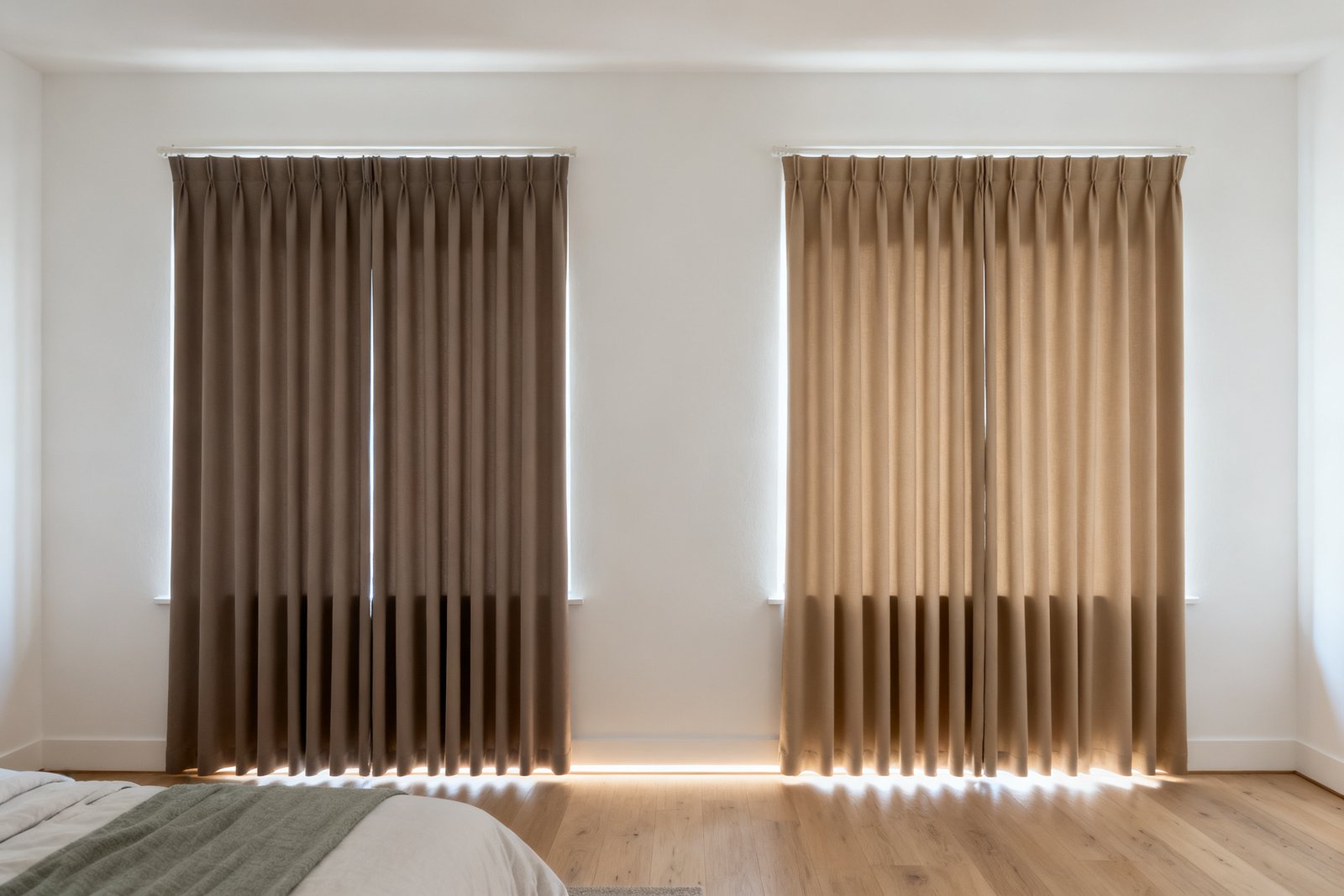 Two bedroom windows hidden behind fully drawn blackout curtains in taupe and sand, daylight escaping only along the floor