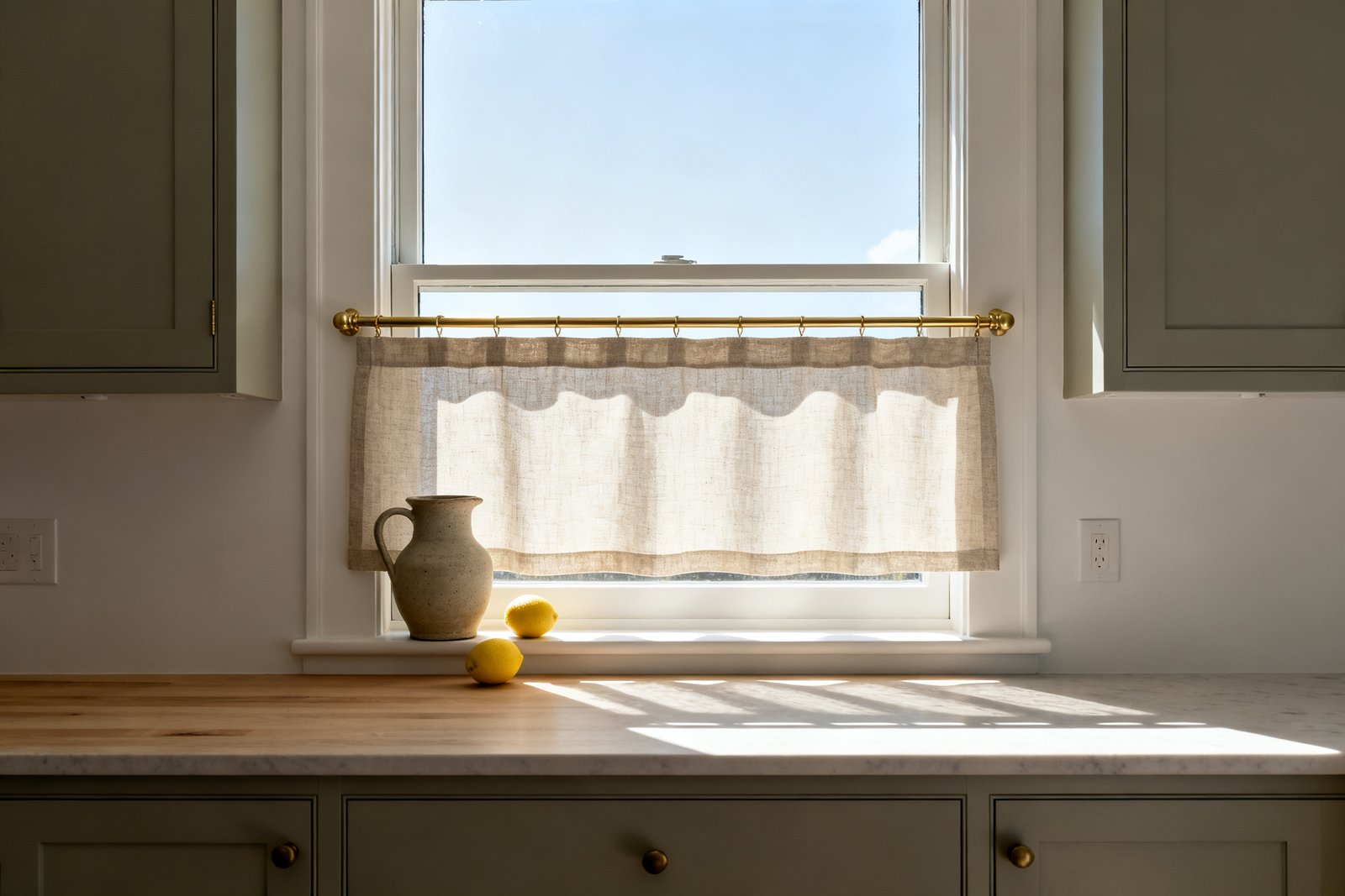 A kitchen window with a short cafe curtain covering the lower half of the glass, the top half open to bright sky, jug on the sill.