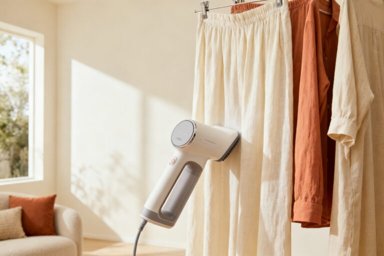Smoothing hanging linen curtains with a handheld garment steamer