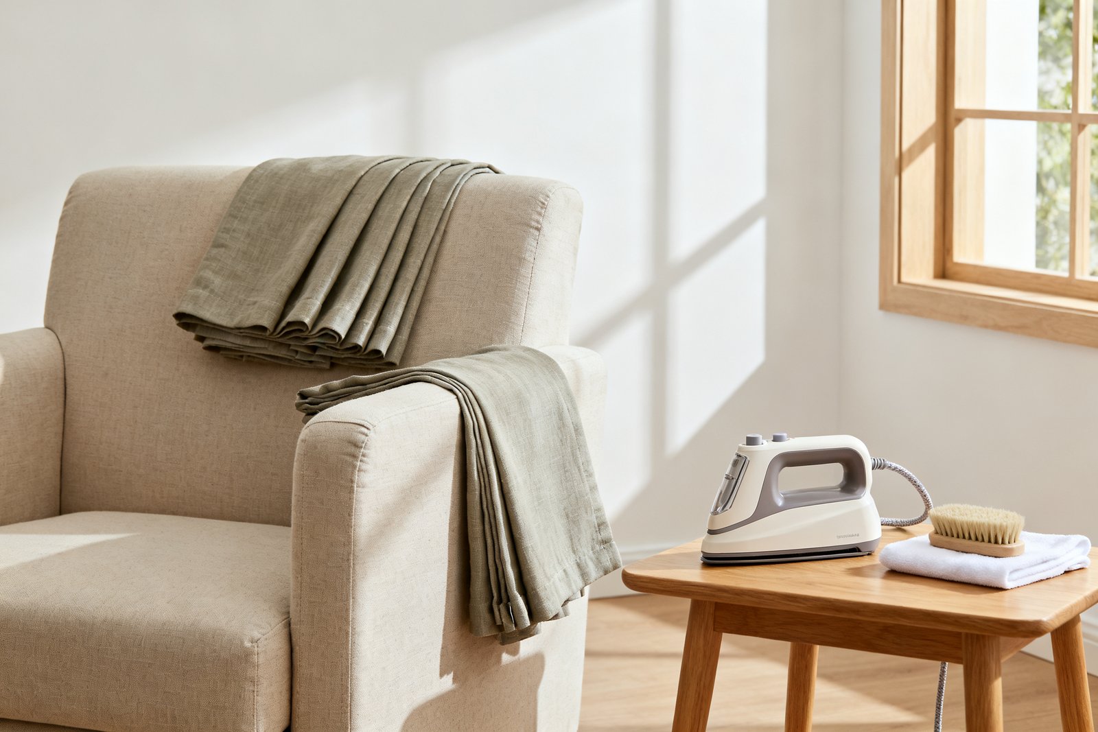 A folded linen curtain panel over an armchair arm beside a handheld steamer at rest, a soft brush and cloth on an oak table.