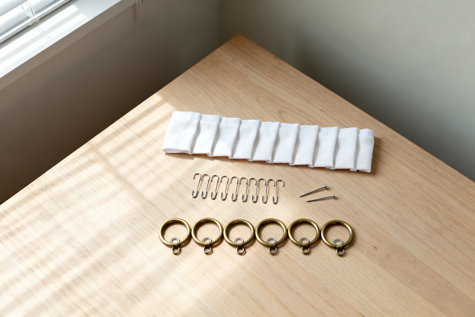 Overhead macro of curtain heading tape, a row of steel pin hooks, brass rings with eyelets and two spare pins laid out on oak.