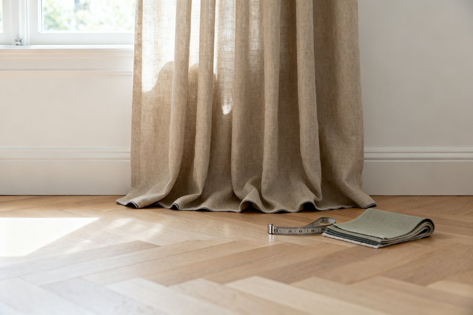 Low-angle close-up of a floor-length curtain hem just touching an oak floor, with a steel tape measure and fabric swatch beside it.