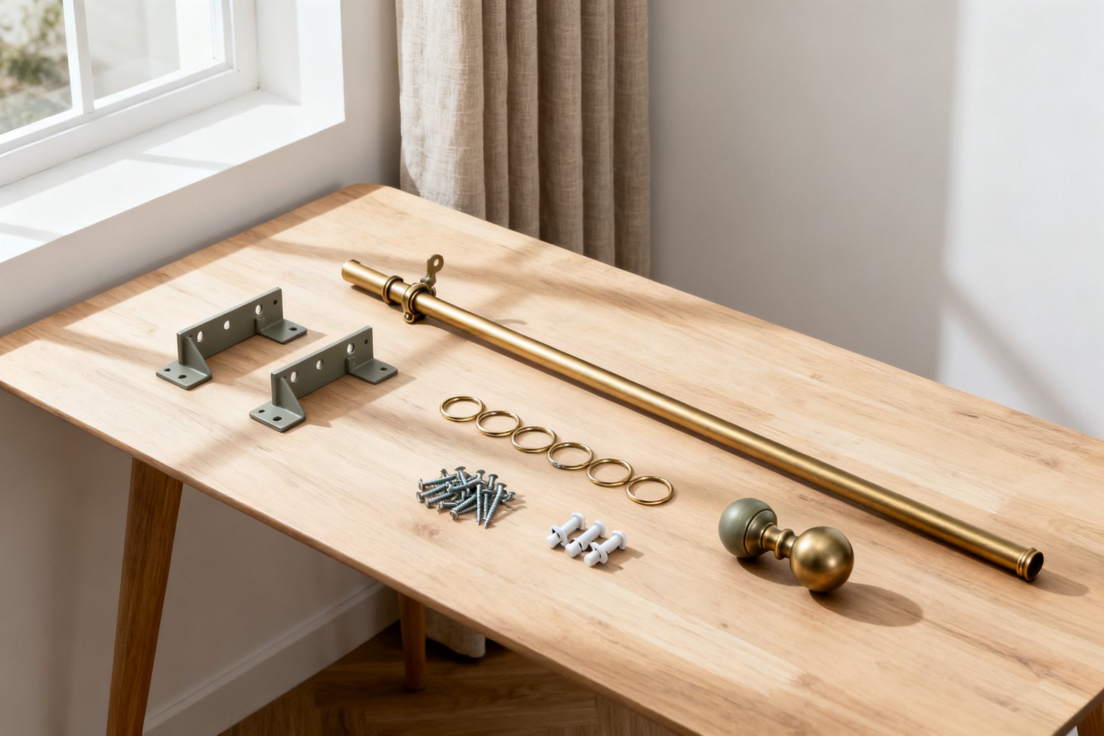 Overhead flat-lay of curtain hardware on oak: brass rod, brackets, rings, finials, screws and wall plugs laid out with space between them.