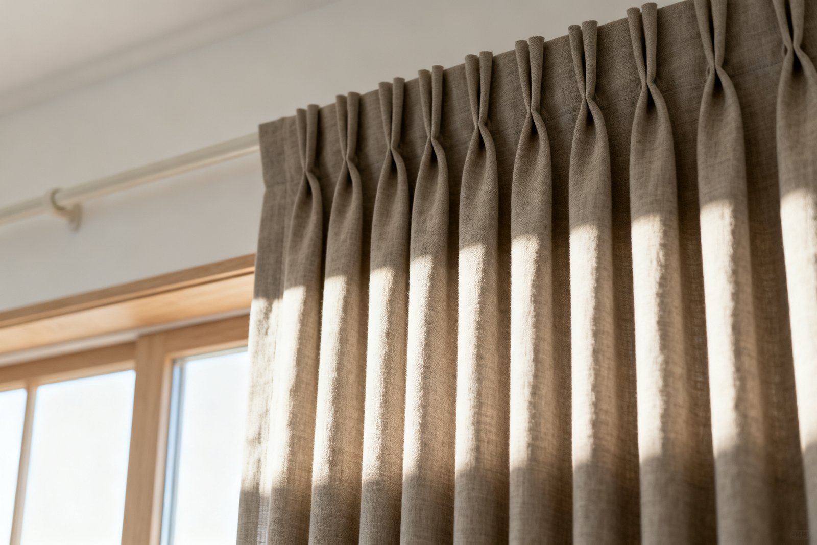 Close view of a linen curtain in crisp pinch pleats, side light picking out each fold ridge against the shadows between them.