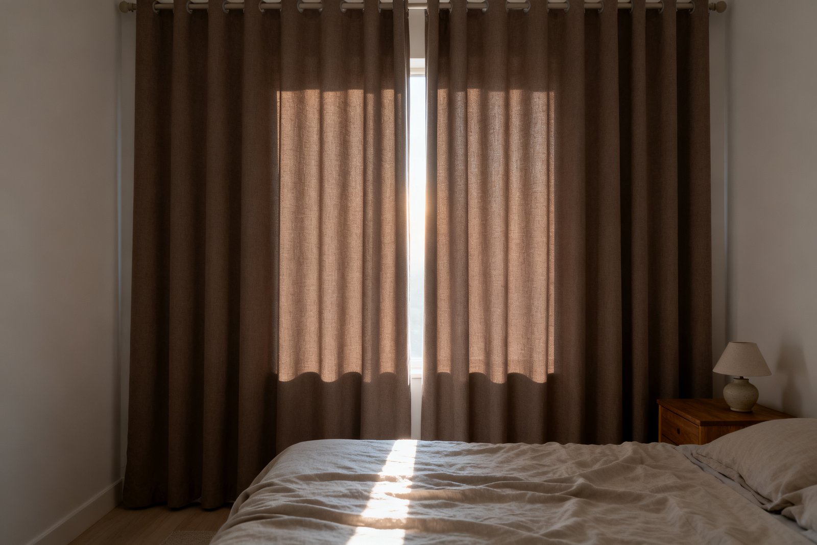 A dawn bedroom with taupe blackout curtains drawn shut, a narrow blade of pale light escaping between the panels onto plain linen bedding.