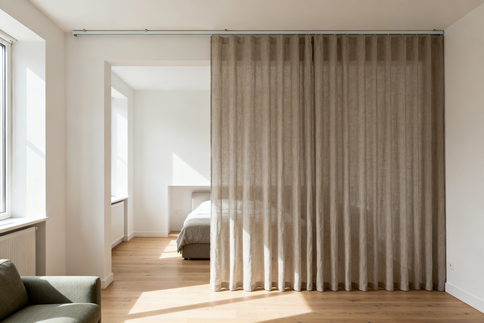 A full-height sheer panel on a ceiling track crossing an open studio, partly drawn to separate a bed alcove from the living area.