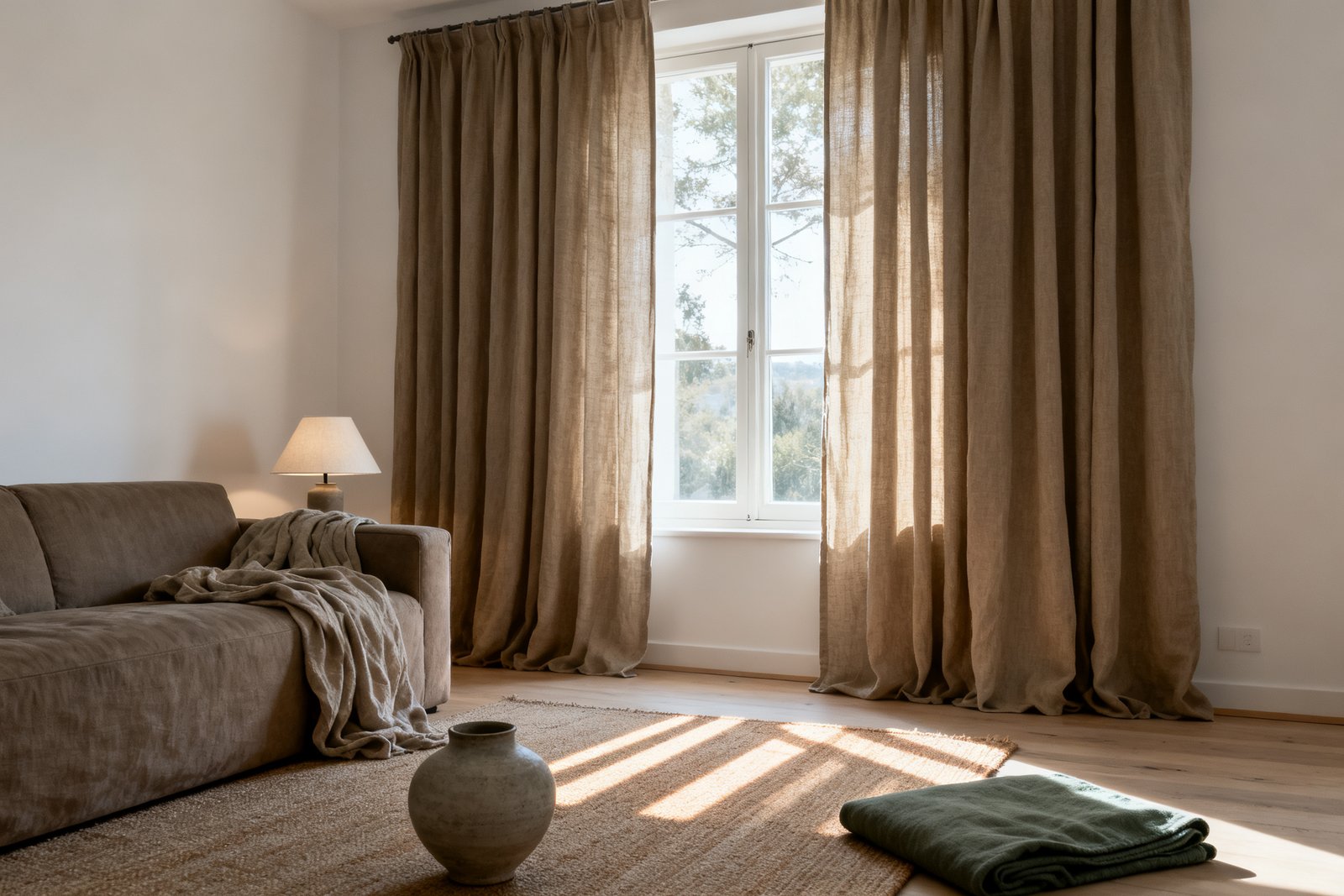 A living room in late afternoon light with heavy sand-coloured drapes framing a large window, a deep sofa and a lit reading lamp.