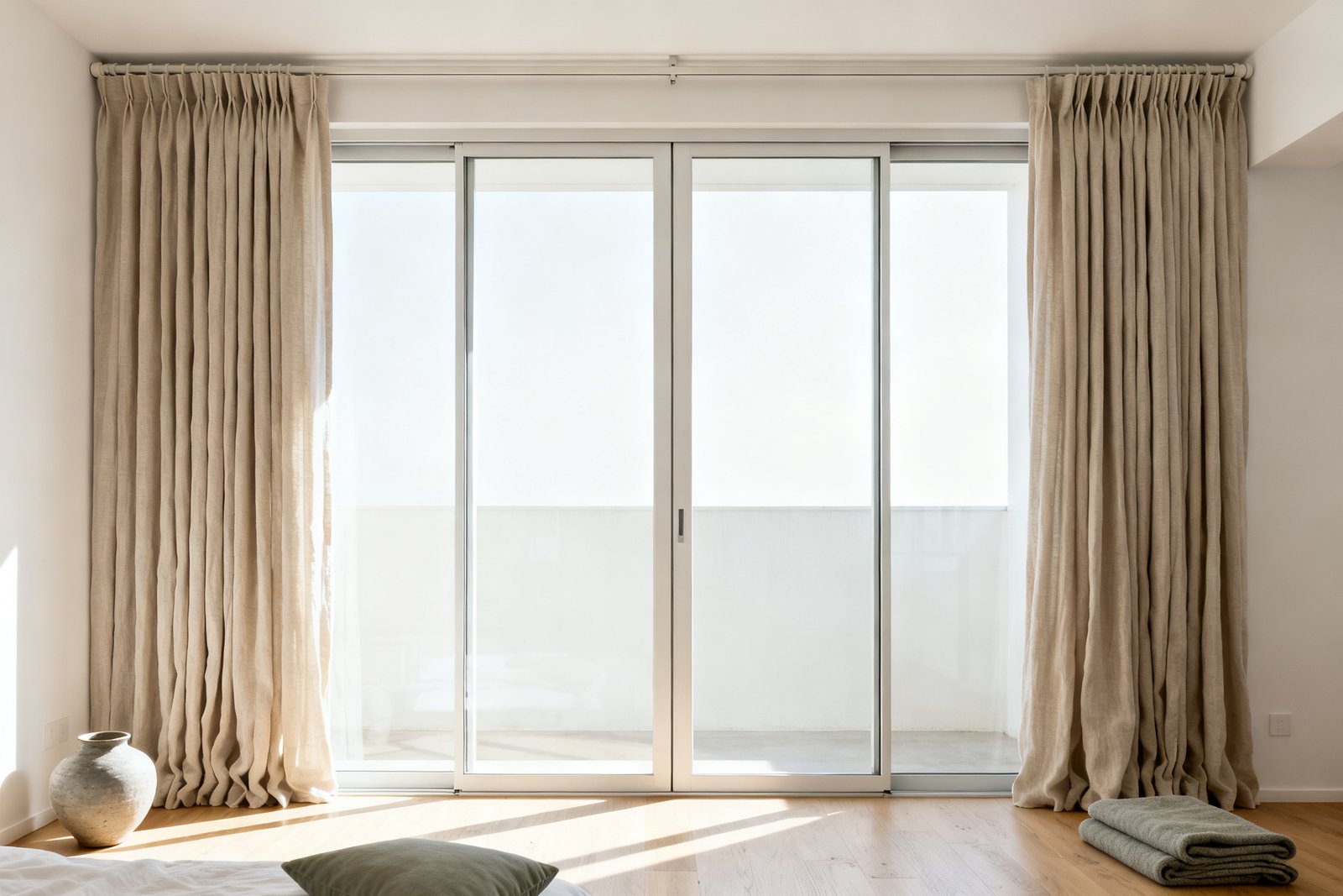 A floor-to-ceiling glass wall with a full-width curtain track, panels stacked generously at both ends leaving the glass clear.