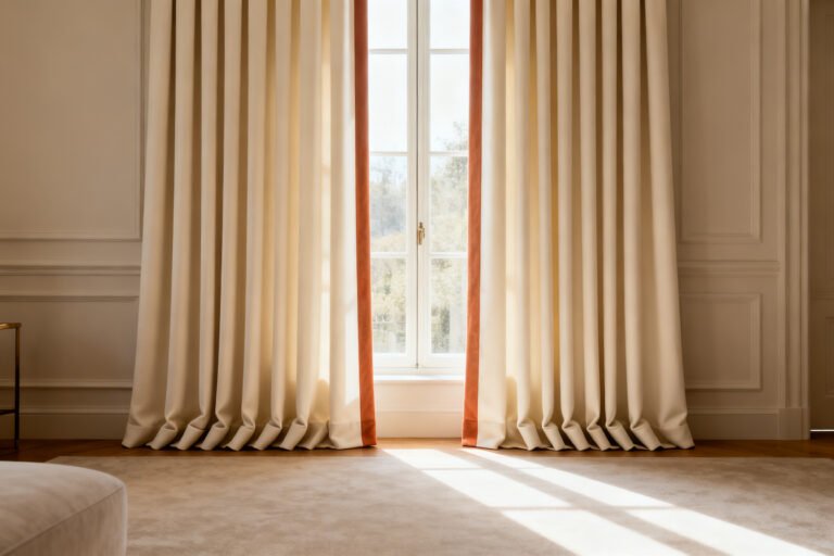 Made-to-measure floor-length drapery with tailored pleats on a tall window