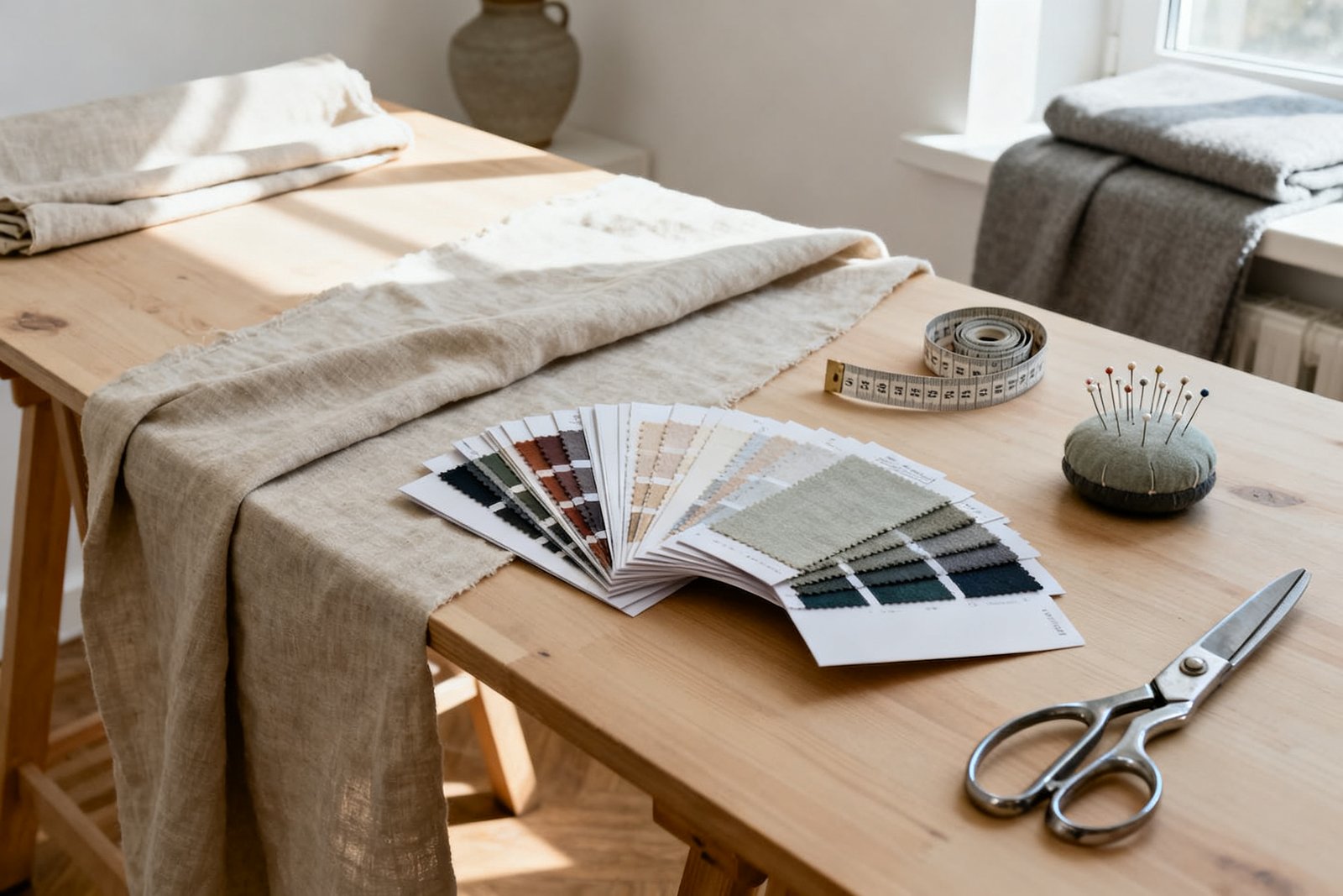 A workroom table with linen laid out, a fan of fabric swatch cards, a coiled tape measure, pincushion and steel shears.