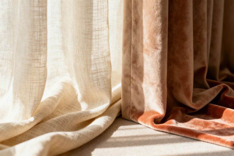 Close-up of linen and velvet drapery fabric folds in warm natural light