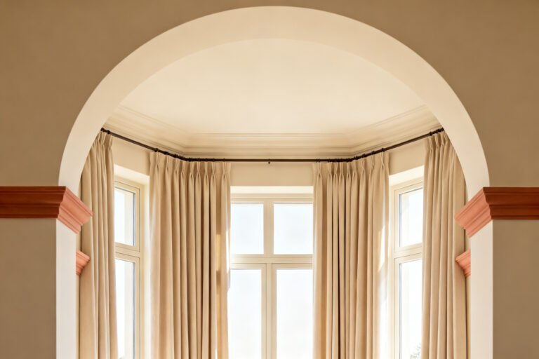 Arched bay window dressed with custom curtains
