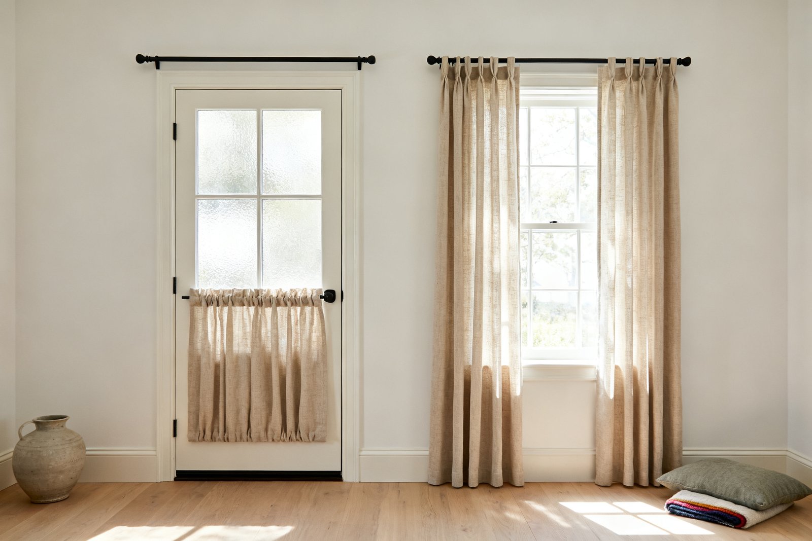 A dining room wall where a glazed door and a window are dressed in matching linen on rods hung at the same height.