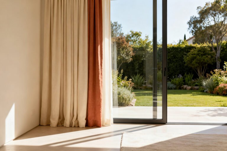 Floor-to-ceiling curtains beside a sliding glass patio door onto a garden