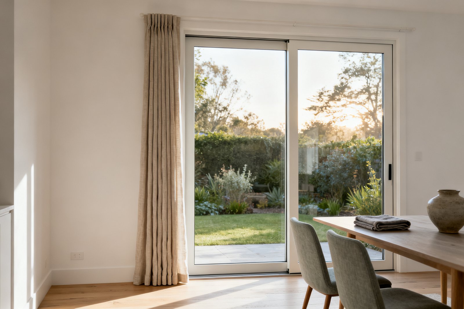 A wide sliding patio door seen from a dining area, a floor-length linen panel stacked clear at one jamb, garden beyond the glass.