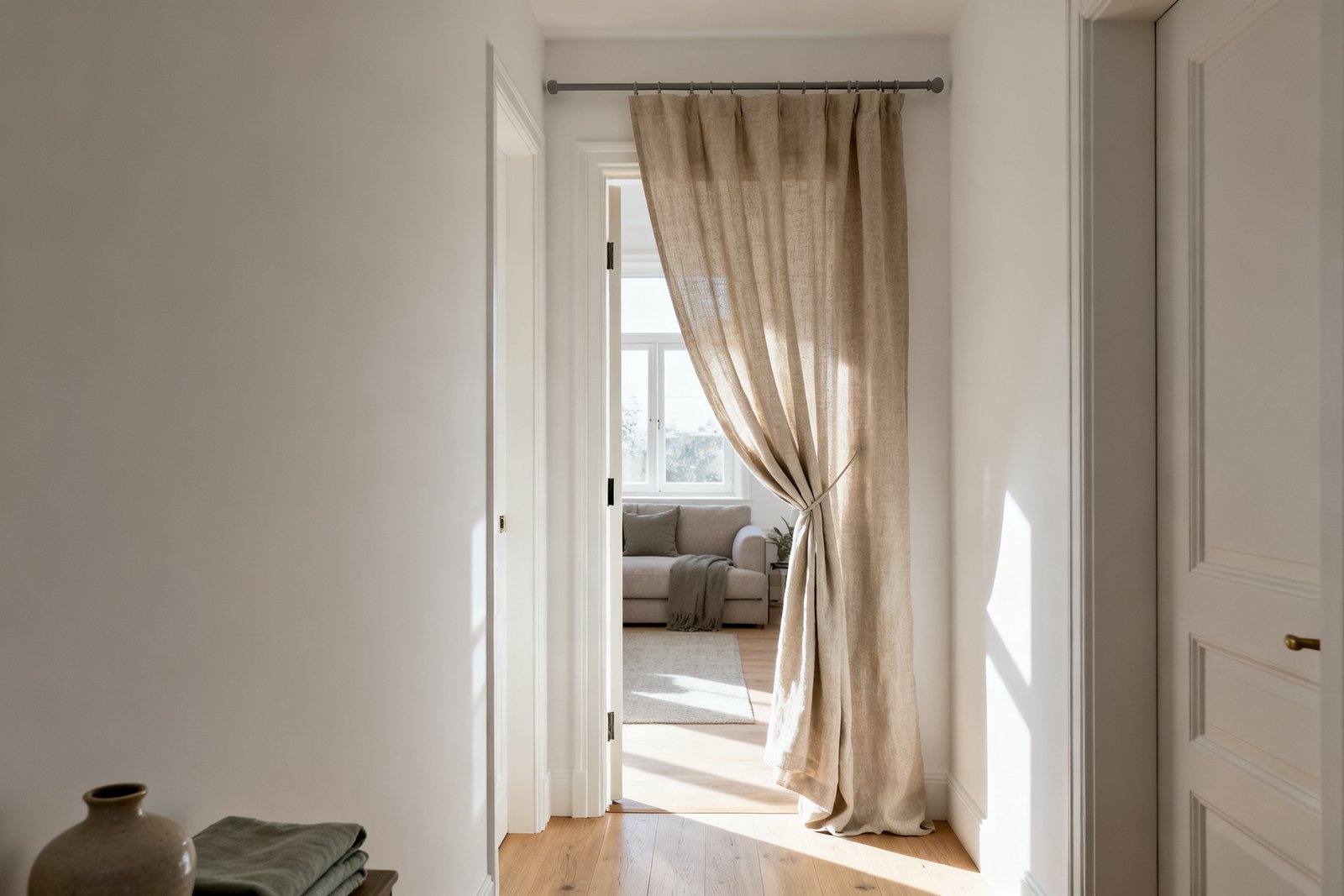 A heavy linen curtain hung across an interior doorway and held to one side, seen from a hallway looking into a brighter room.