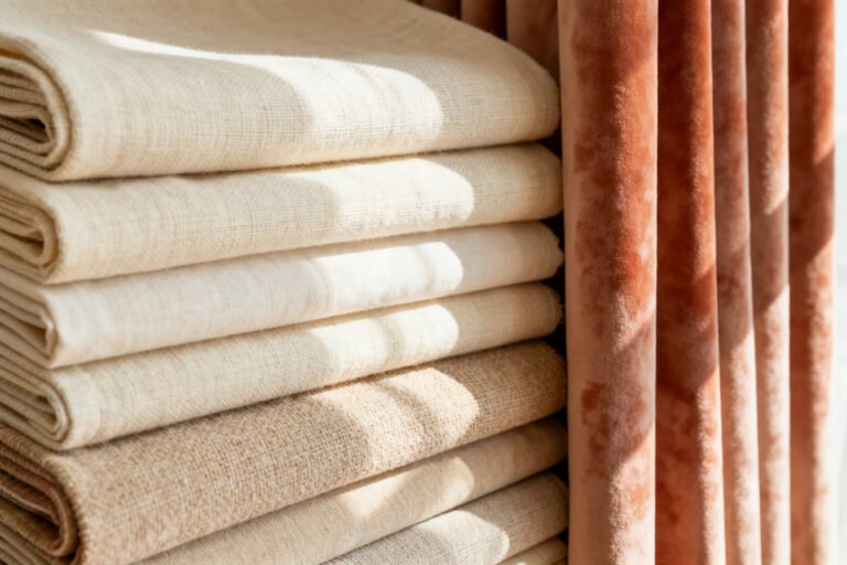 Stacked curtain fabric swatches in linen, cotton and velvet