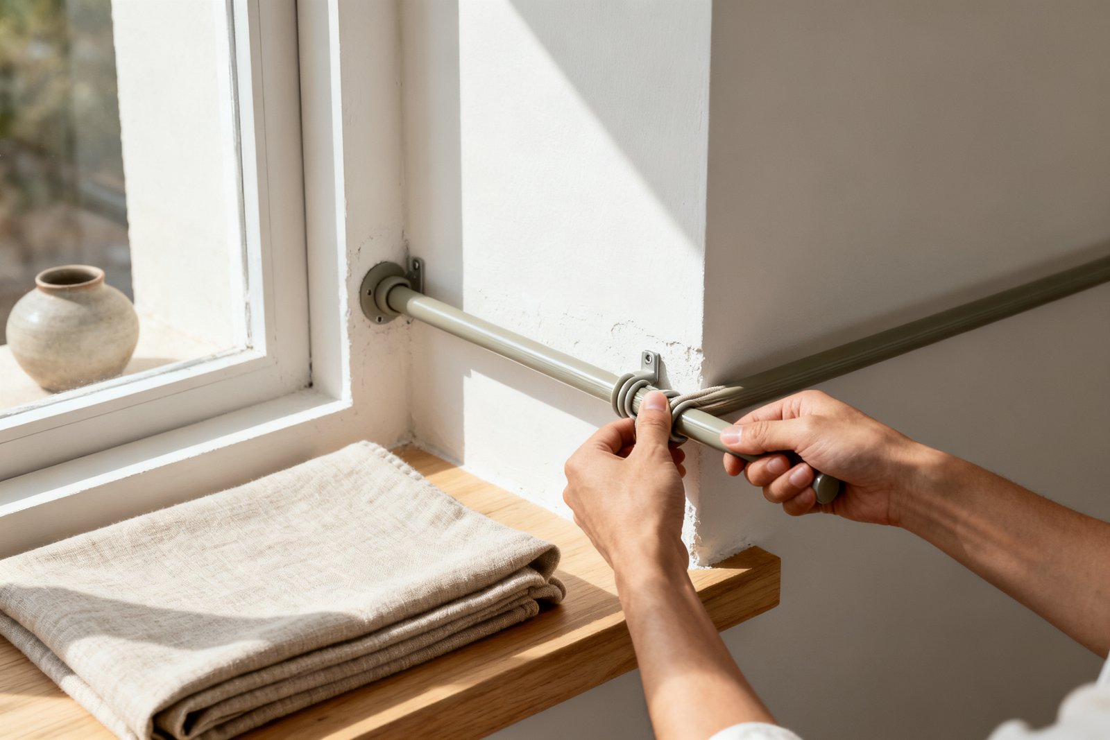 Hands twisting a tension rod tight between two window jambs, the wall on each side undrilled and smooth