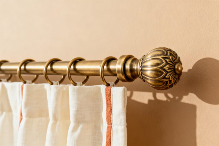 Brushed brass curtain rod with rings and a decorative finial