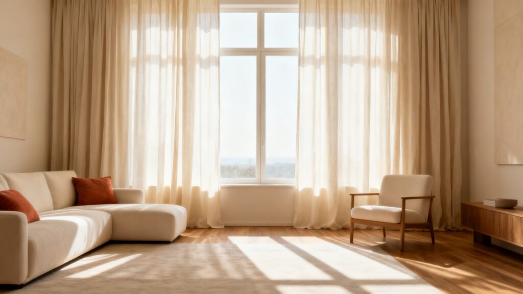 Sunlit living room with floor-to-ceiling sheer linen curtains diffusing soft daylight