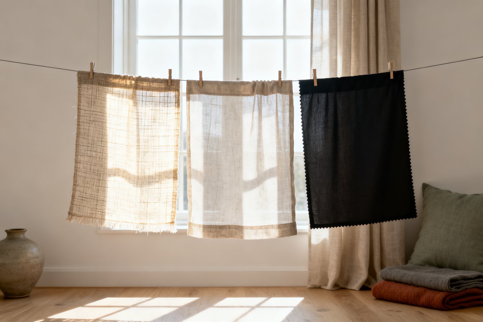 Three curtain fabric swatches backlit against a bright window, showing an open linen glowing, a cotton softly lit and a near-solid blackout sample.