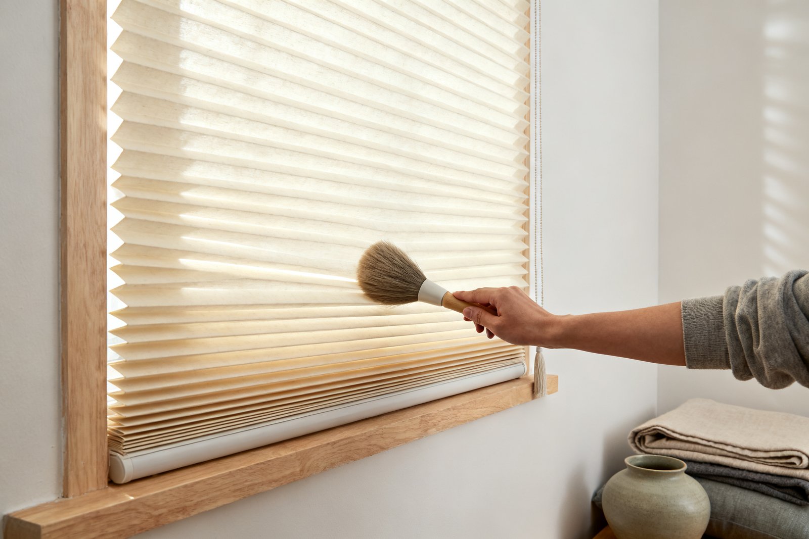 A hand drawing a soft brush along the horizontal pleats of a cream cellular shade in low raking light