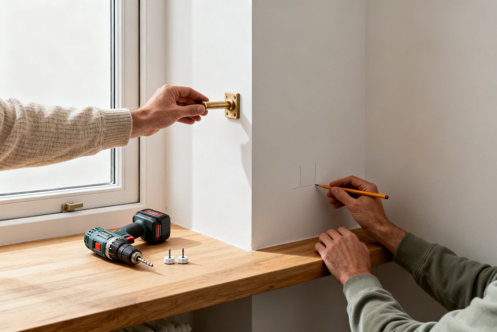 Hands holding a brass curtain rod bracket against the wall above a bare window and marking the screw hole, tools resting on the sill.