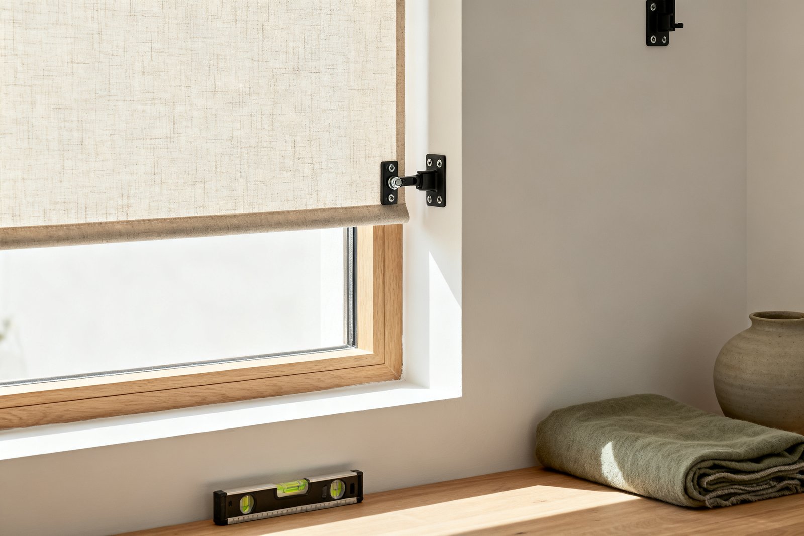 Top corner of a window reveal, one shade bracket fixed inside the recess and another on the wall above the frame