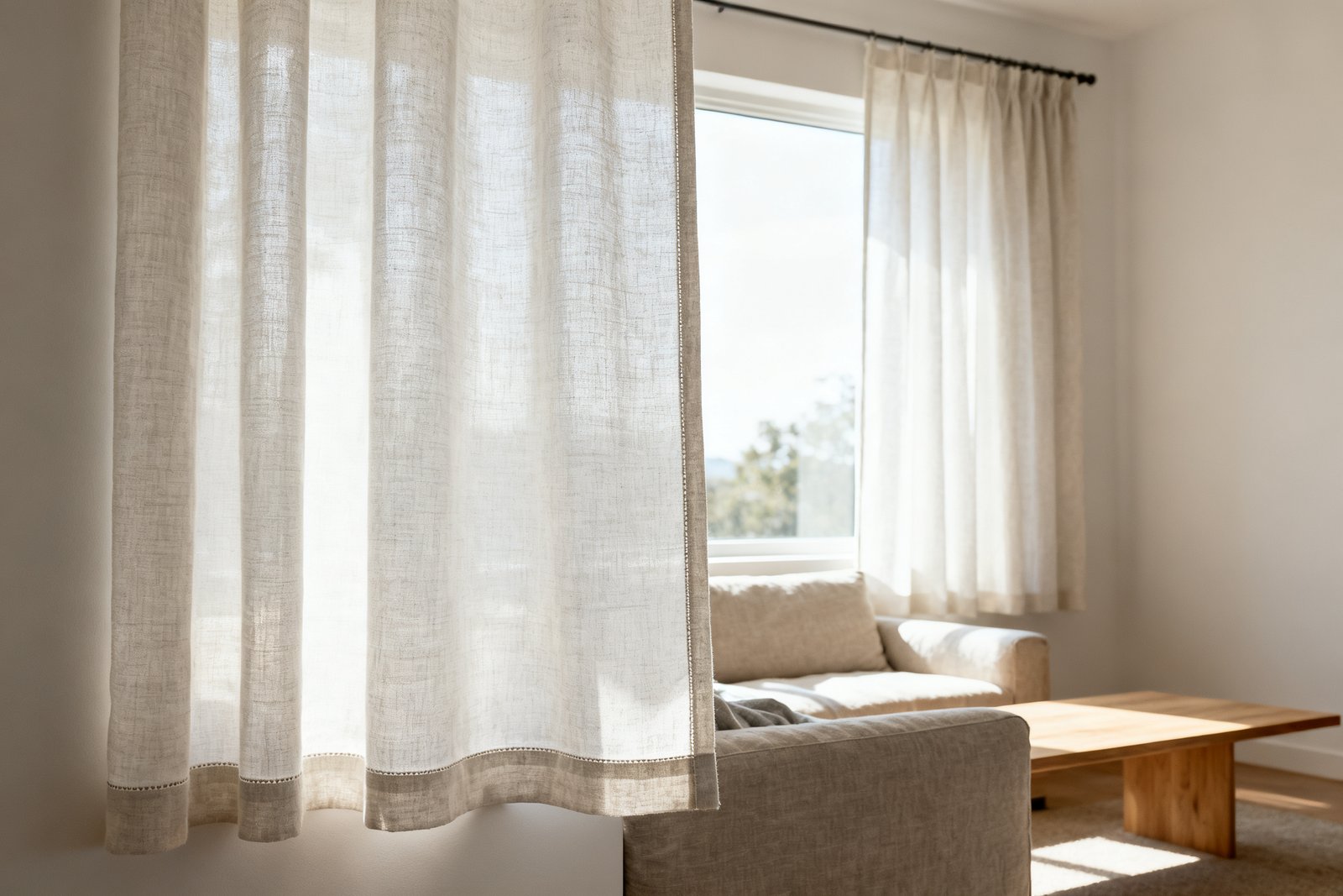 A sunlit living room with two tailored fine linen panels at the window, cleanly hemmed, the nearest close enough to show the weave.