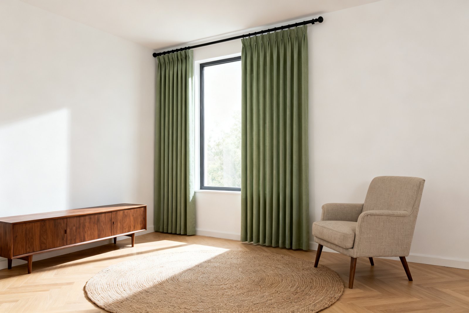 A living room corner where sage-green floor-length curtains hang on a long rod extending past the window, panels stacked clear of the glass.