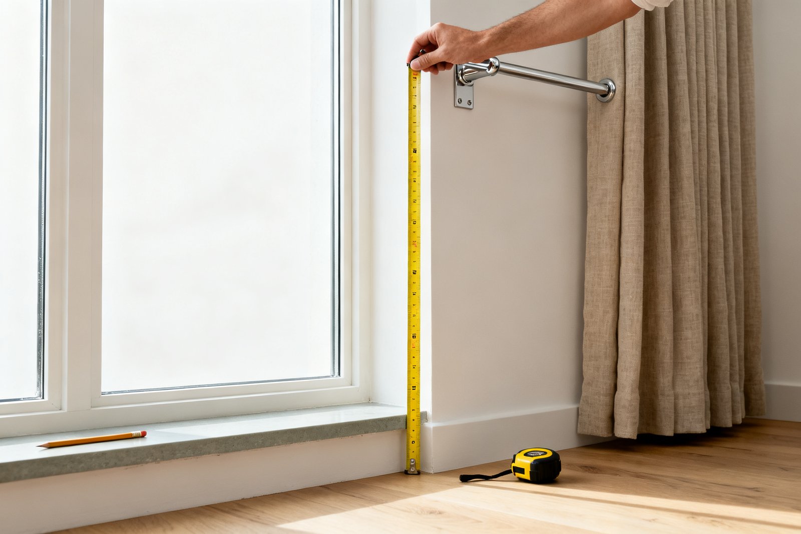 A steel tape measure running from a curtain rod bracket high on the wall straight down past an undressed window to the floor.