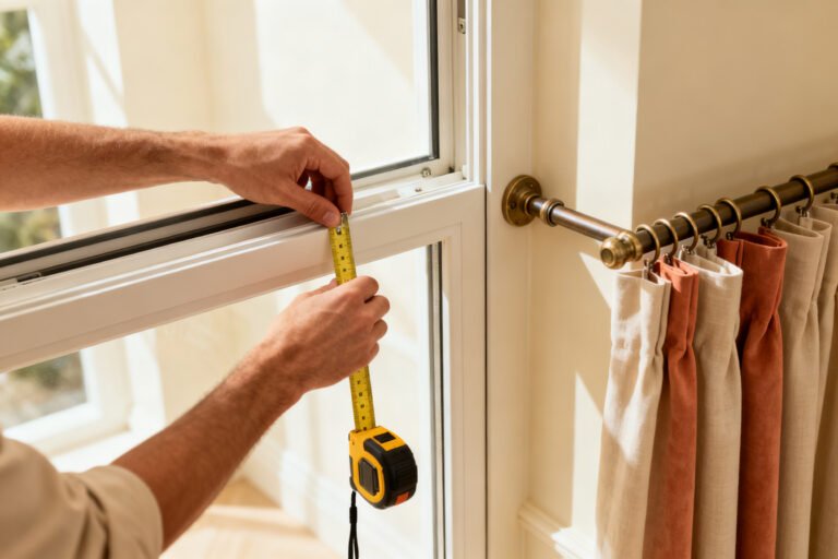 Hands measuring a window with a tape measure beside a curtain rod
