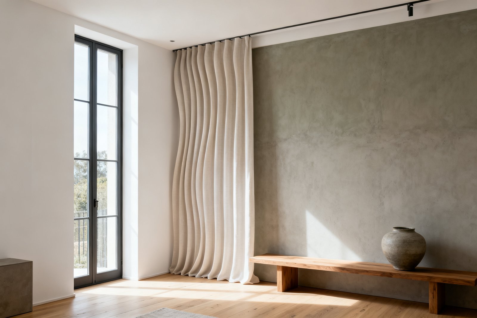 A tall window dressed in a pale wave-fold sheer on a recessed ceiling track, even S-curves lit by midday light in a minimal room.