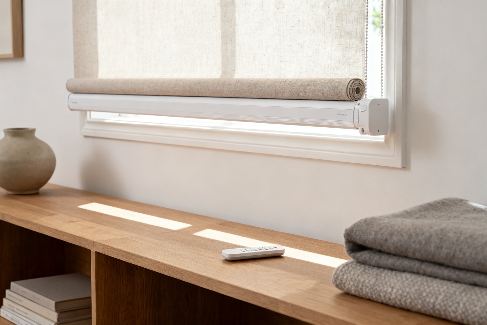 Close view of a motorised roller shade in a slim cassette, half lowered with a straight weighted bar, no cords, remote on a console.