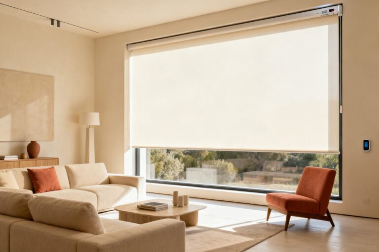 Motorized roller shade lowering over a large window in a modern living room