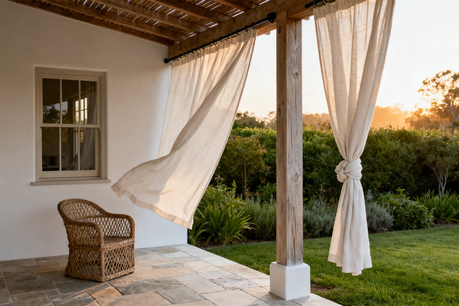 A covered porch where off-white outdoor curtains hang from a pergola beam, one panel lifting in the breeze, another tied to a post.