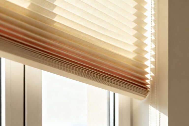 Close-up of a cellular honeycomb shade with light glowing through