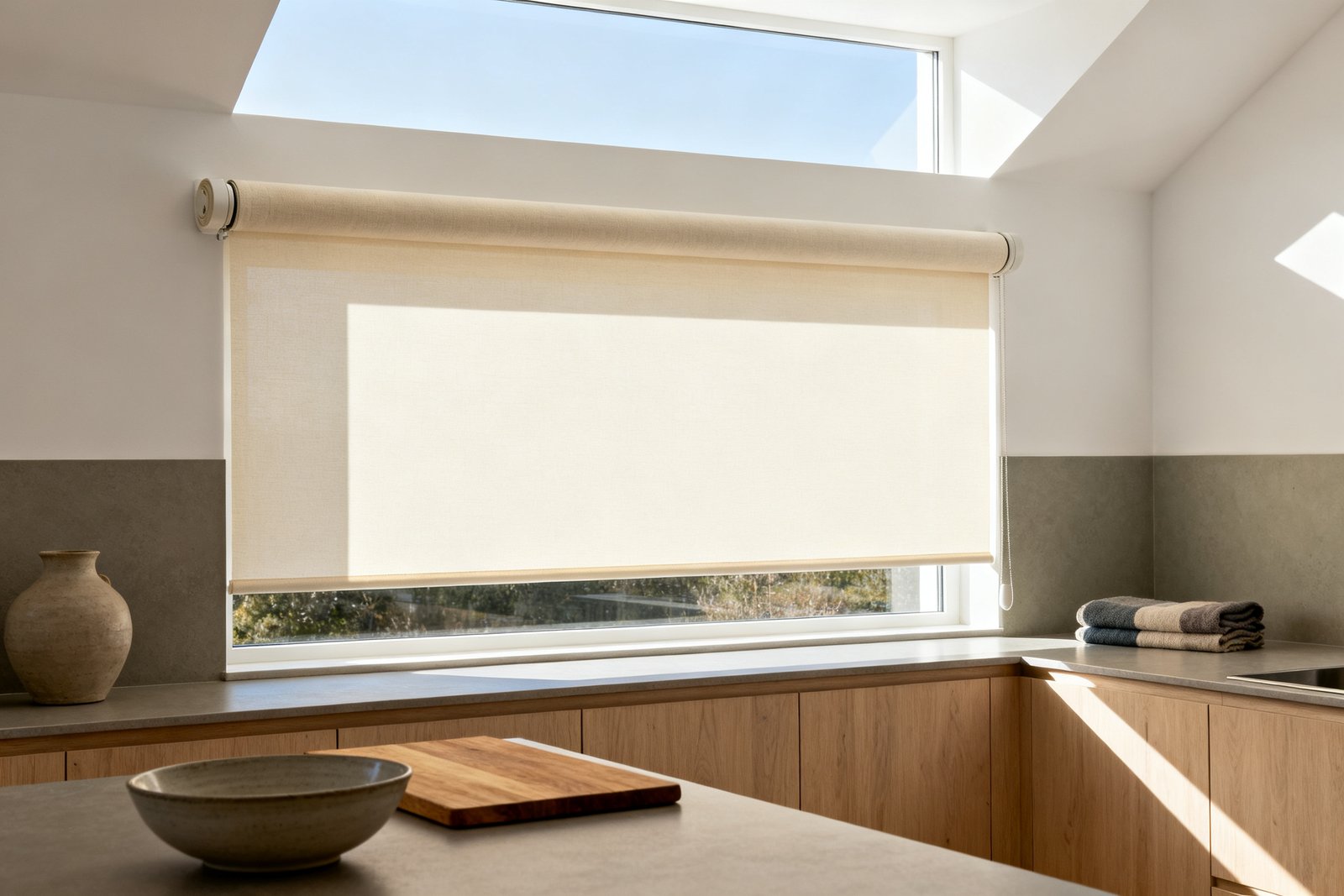 A kitchen window with a cream roller shade lowered two thirds, seen at an angle showing the fabric roll and the flat shade face.