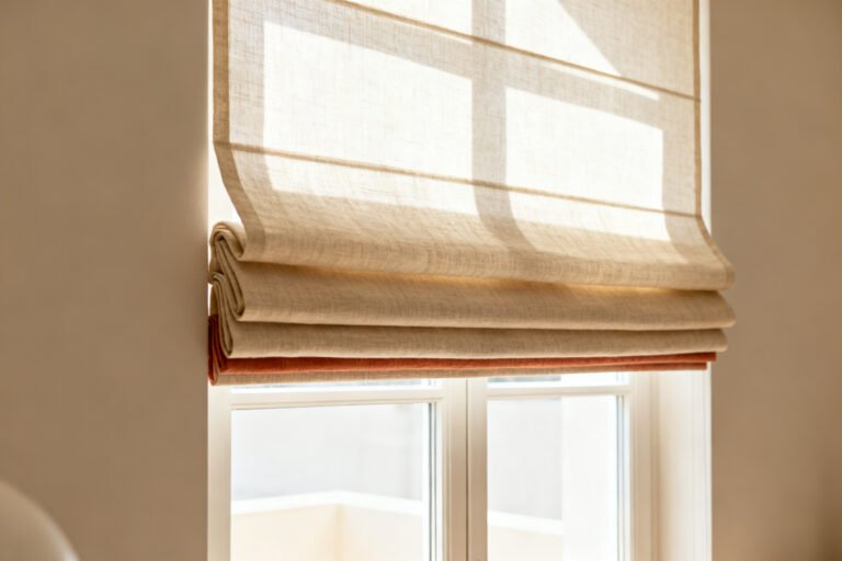 Natural linen roman shade with soft horizontal folds on a window
