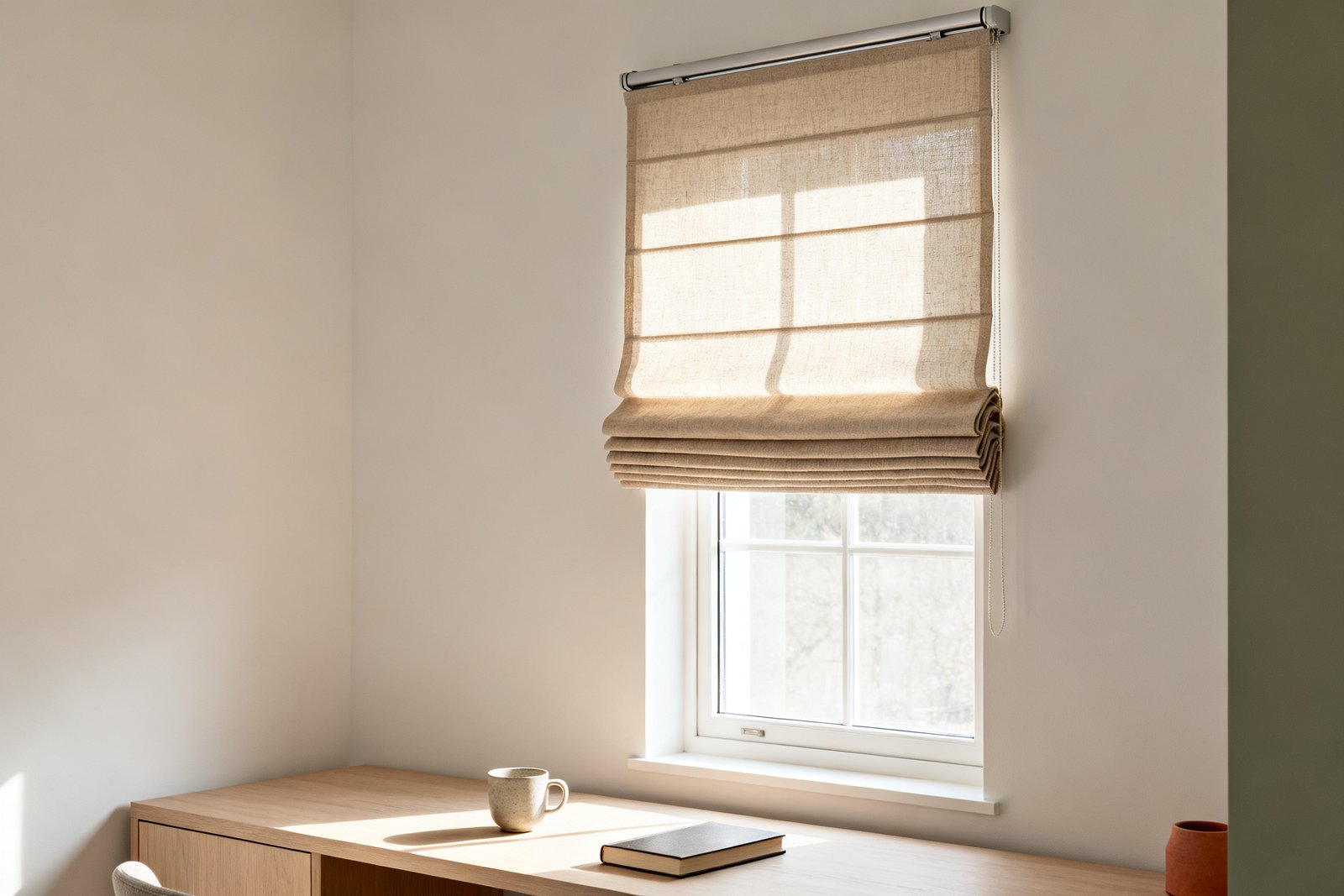 A natural linen roman shade raised above the middle of a tall window, its fold stack and slim headrail visible above a pale oak desk.