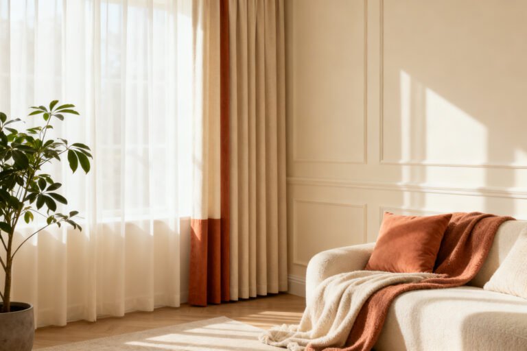 Cozy styled room with well-chosen curtains, a plant and soft textiles