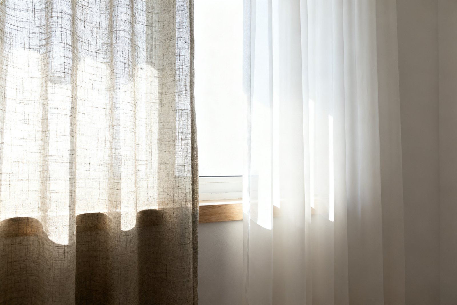 Two backlit sheer fabrics overlapping at a bright window, an open linen gauze beside a denser white voile with a darker overlap band.