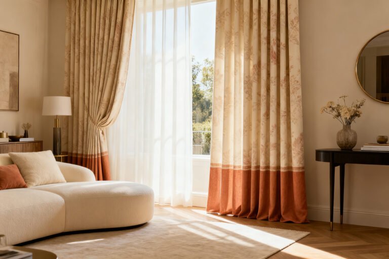 Stylish designer interior with statement curtains and terracotta accents