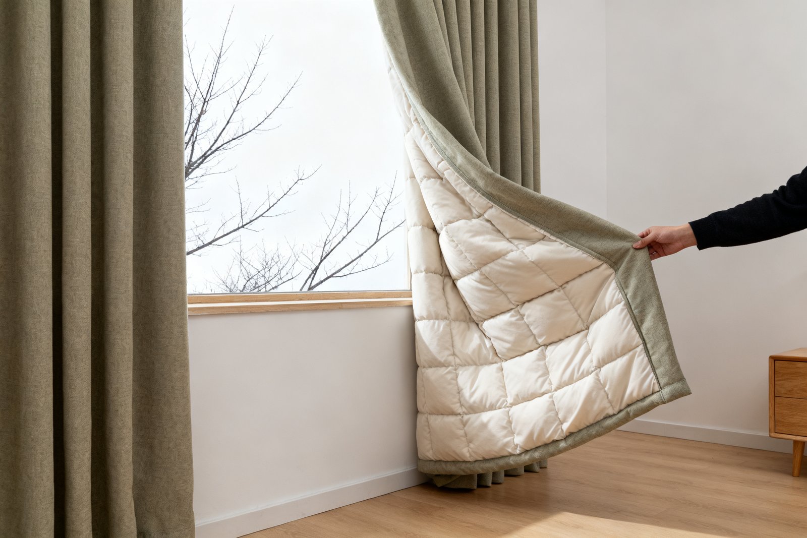 A heavy lined winter drape drawn across a window, its leading edge turned back to reveal the thick pale interlining behind the face fabric.