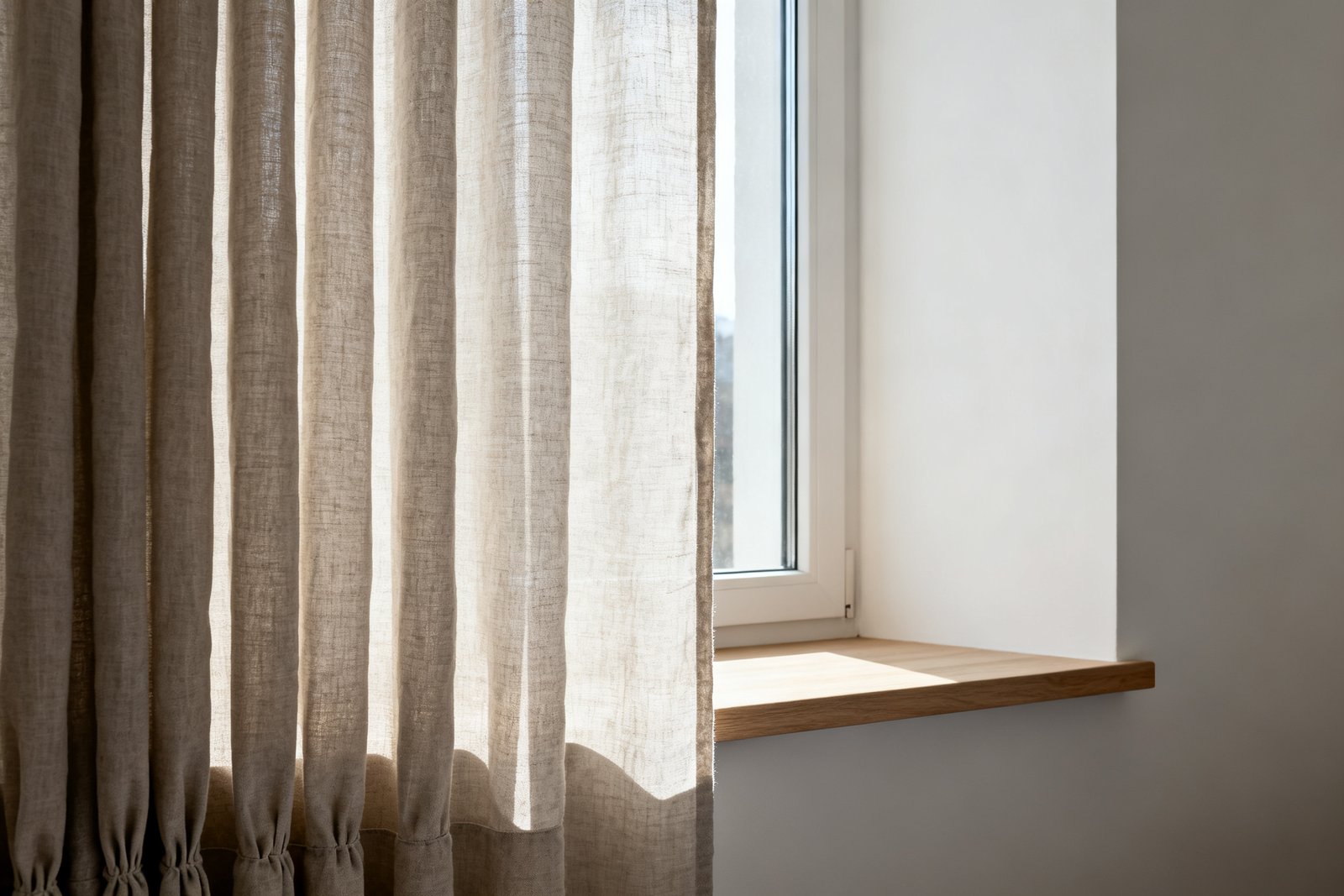 View from inside the gap between a pleated linen curtain and the window, the pale lining and pleat depth filling the frame