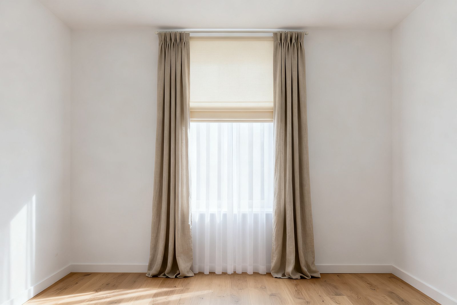 A tall window layered with a cream roller shade over the top third, a full white sheer behind and heavy linen drapes at each side.