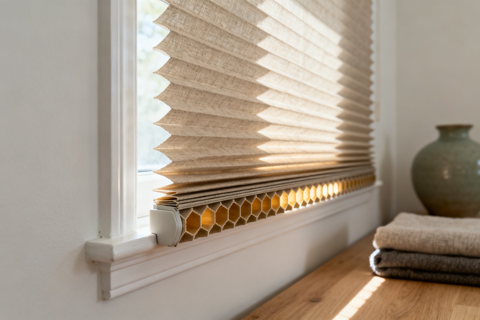 Close view into the open end of a cellular shade, daylight glowing through the row of honeycomb cells