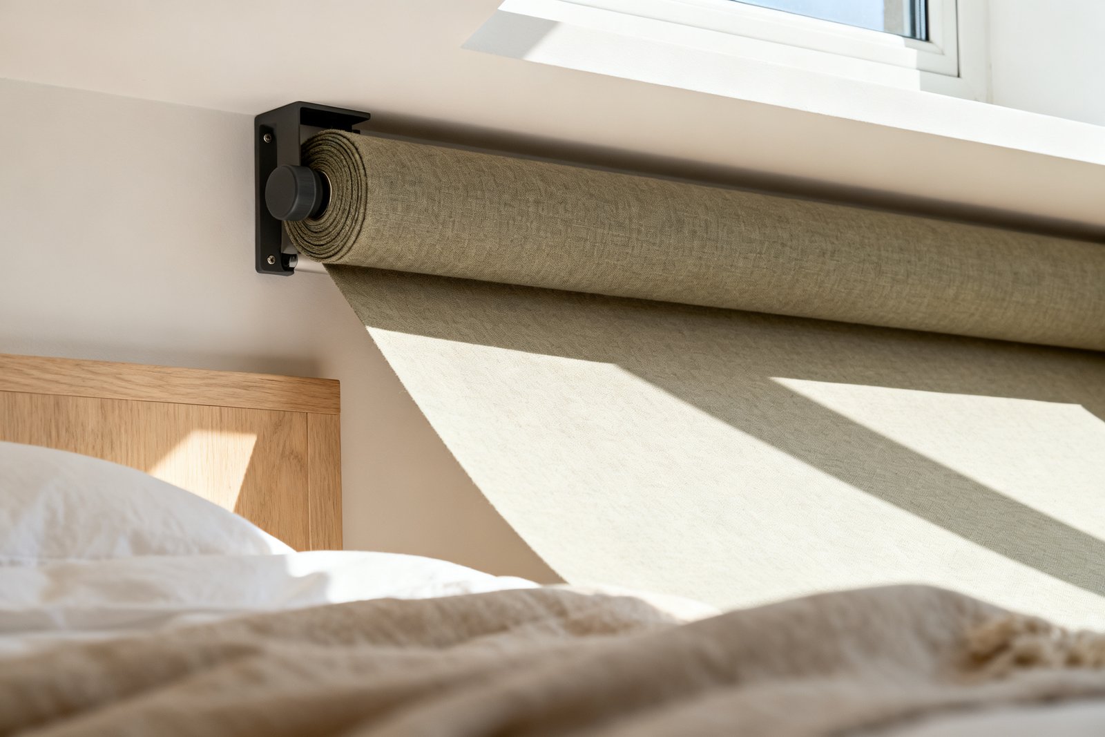 Roller shade seen from below, the wound fabric tube at the top and the flat face dropping towards the camera