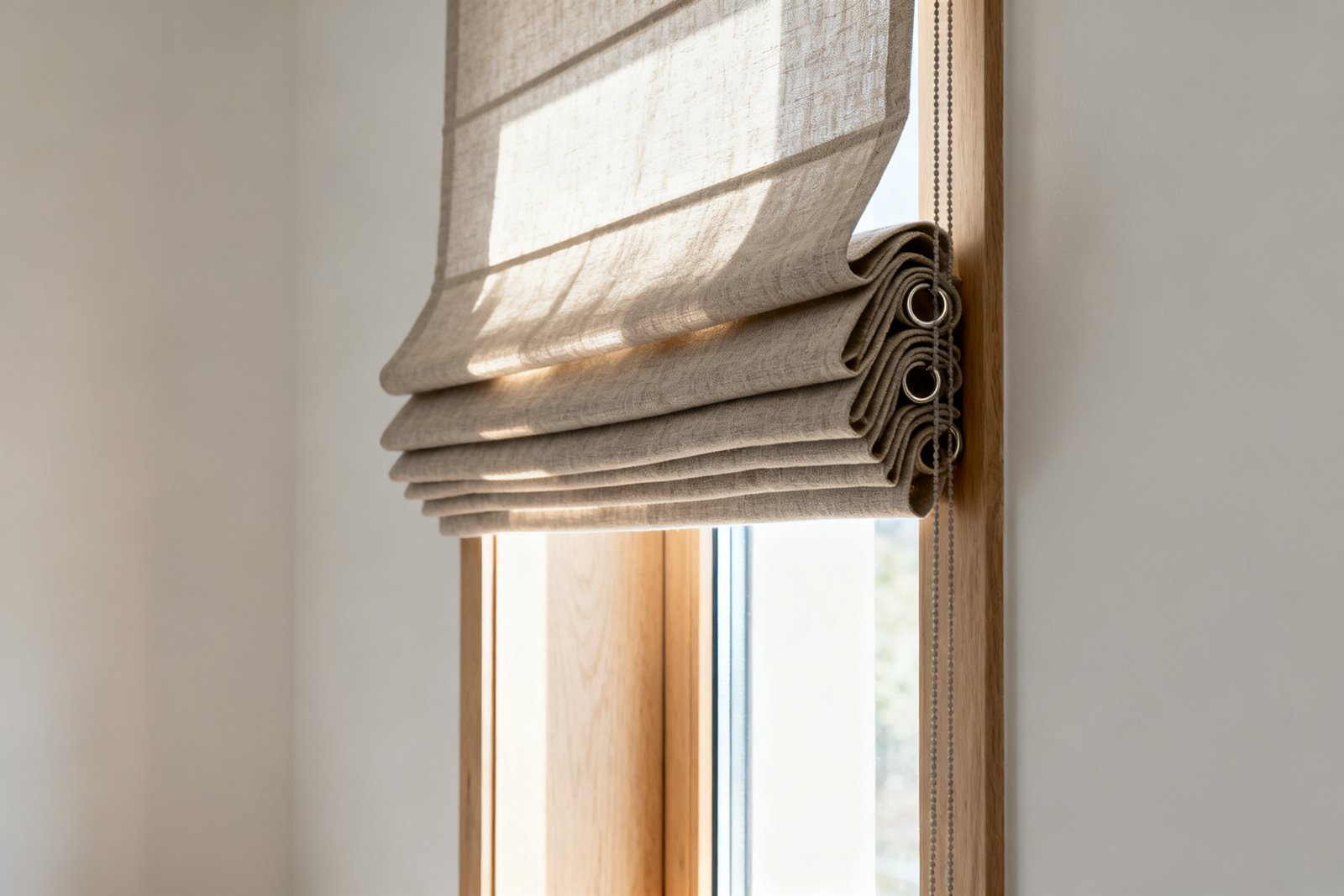 Raised linen roman shade seen from the side, its flat folds stacked on each other, cords and rings visible behind